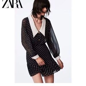 Zara Polka Dot Mini Black White Dress Collar Size S